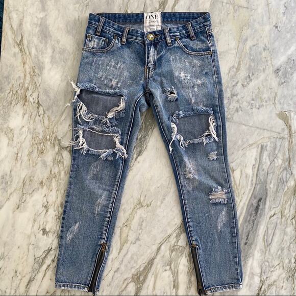 One Teaspoon Womens Medium Wash Distressed Ankle Trashed Free Birds in Cobain 25 - Picture 2 of 11